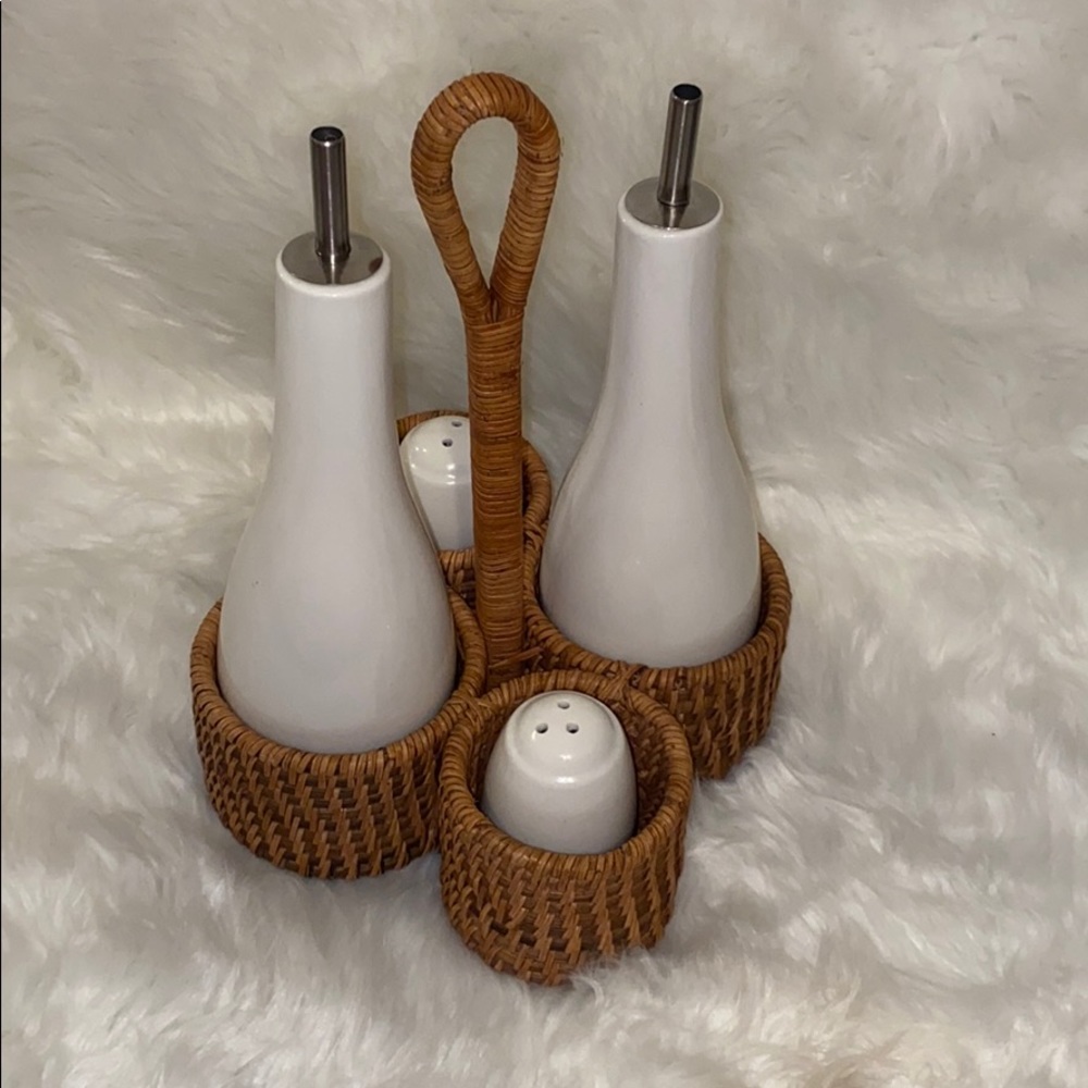 Rattan Ceramic Cruets with Salt & Pepper Shakers